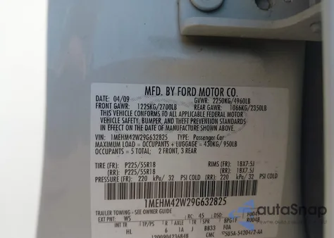 2009 Mercury Sable Premier from USA, damaged, VIN 1MEHM42W29G632825